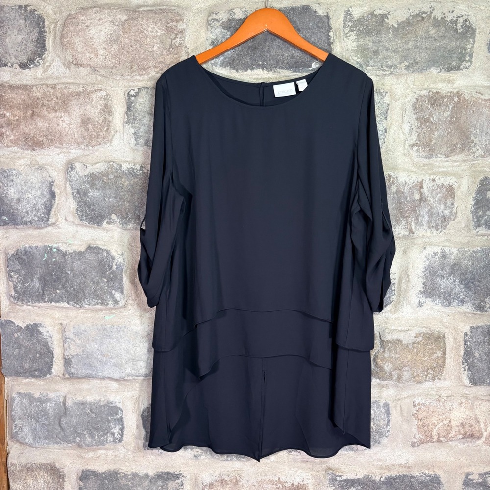 Chicos Black Layered Tiered Tunic Top Roll Tab Sleeve Size 3 XL Lagenlook Flowy